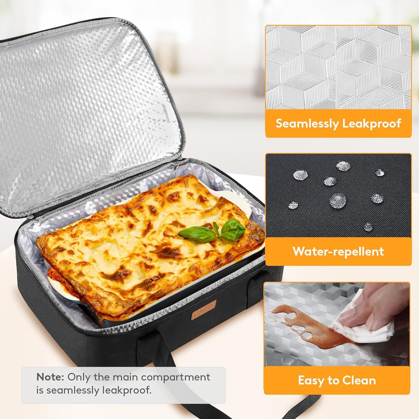 LUNCIA Insulated Casserole Carrier for Hot or Cold Food, Lasagna Lugger Tote for Potluck Parties/Picnic/Cookouts, Fits 9"×13" Baking Dish, Black
