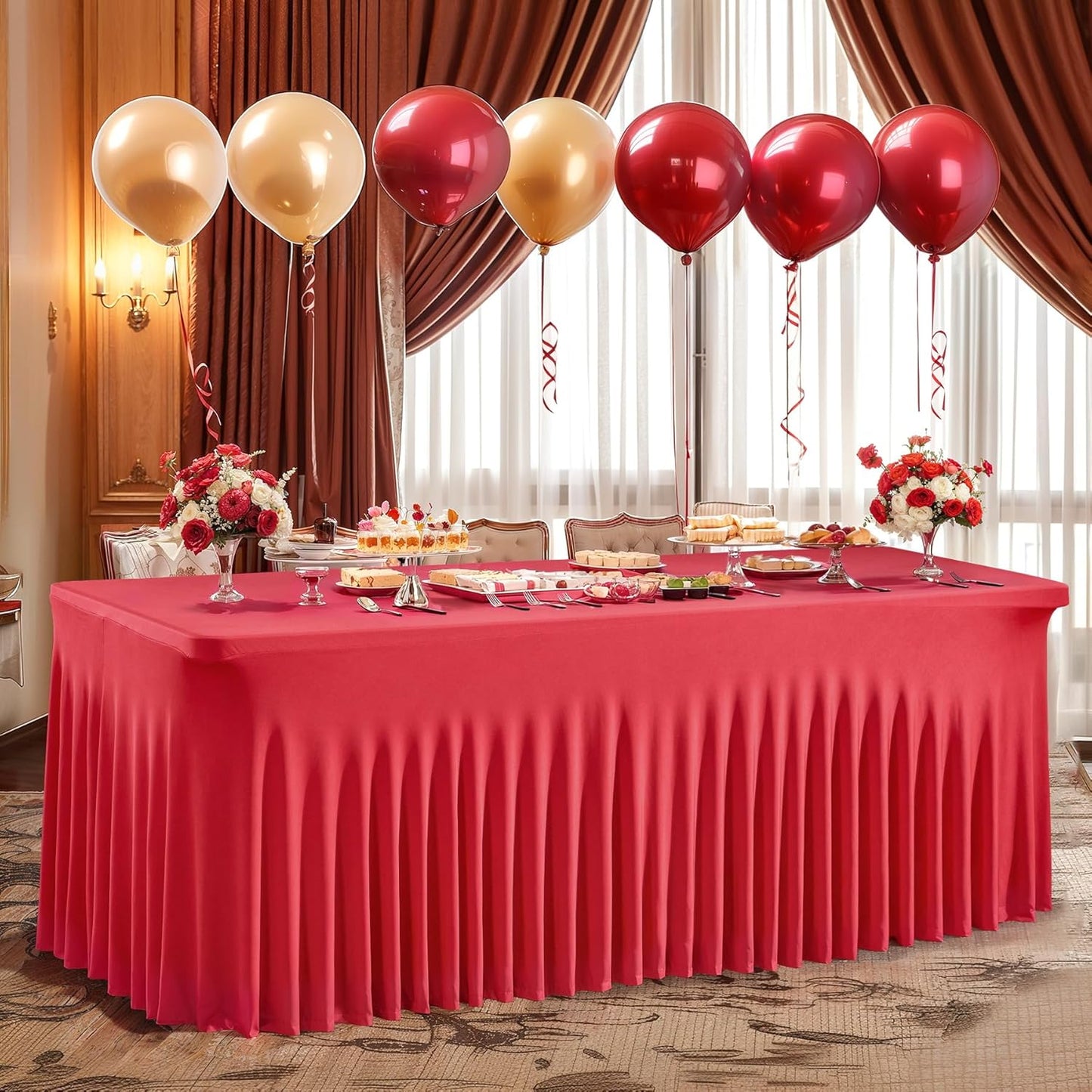 PARTISKY Red Spandex Tablecloth for 4ft Rectangle Tables, Stretchable Table Cover Skirt for Folding Tables Weddings Parties Banquets Events Trade Shows and Dessert Table