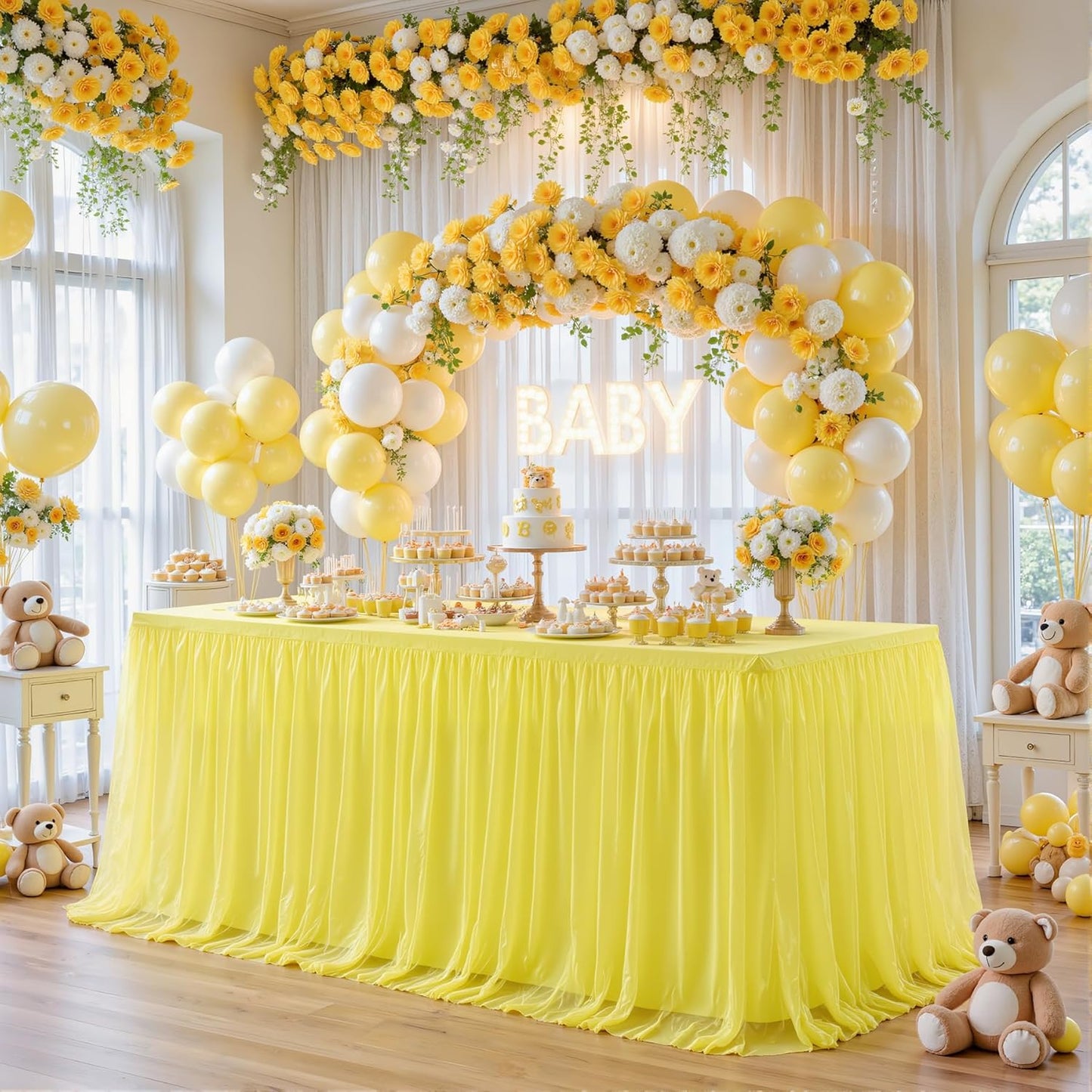 Yellow Tulle Tablecloth for 8 Foot Rectangular Tables 8ft Yellow Rectangle Table Cloth Wrinkle Free Table Cover with Tutu Skirt for Birthday Cocktail Banquet Buffet Lemon Citrus Fruit Party Decoration