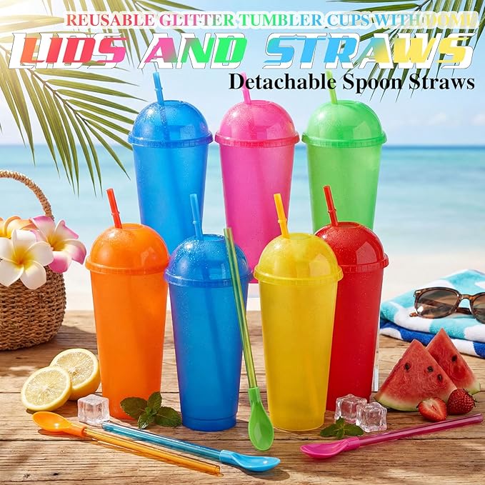 6 Set Slushie Cups with Dome Lids and Straws Detachable Spoon Straws Reusable Plastic Iced Coffee Cups Smoothie Tumbler for Birthdays Summer Party Supplies(Light Colors,24 oz)