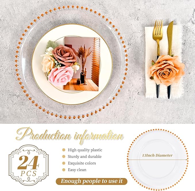 24 PCS Clear Round Charger Plates with Beaded Rim, 13 Inch Plastic Acrylic Plate, Plastic Round Beaded Dinner Decorative Service Plates for Wedding Party Event, Home Kitchen Tabletop(Orange)