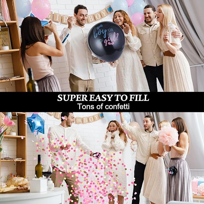 Disfore Thickened Gender Reveal Balloon - 2pcs Gender Reveal Confetti Balloons with Pink and Blue Confetti – 36 Inch Black Gender Reveal Balloons Perfect for Taking Photos and Videos