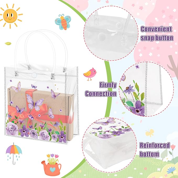 H1vojoxo Spring Butterfly Gift Bags - 24PCS Spring Butterfly Clear PVC Gift Bags with Handle Bulk 7.9x3.2x7.9 Inches Reusable Goodie Snack Treat Plastic Gift Wrap Tote Bag for Baby Shower Wedding
