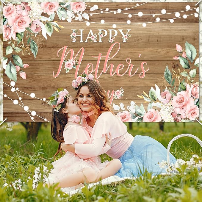 Avezano Happy Mother's Day Banner Floral Wood Mothers Day Backdrop Happy Mothers Day Party Decorations Thanks Mother's Day Photo Booth Props 6x3.6ft