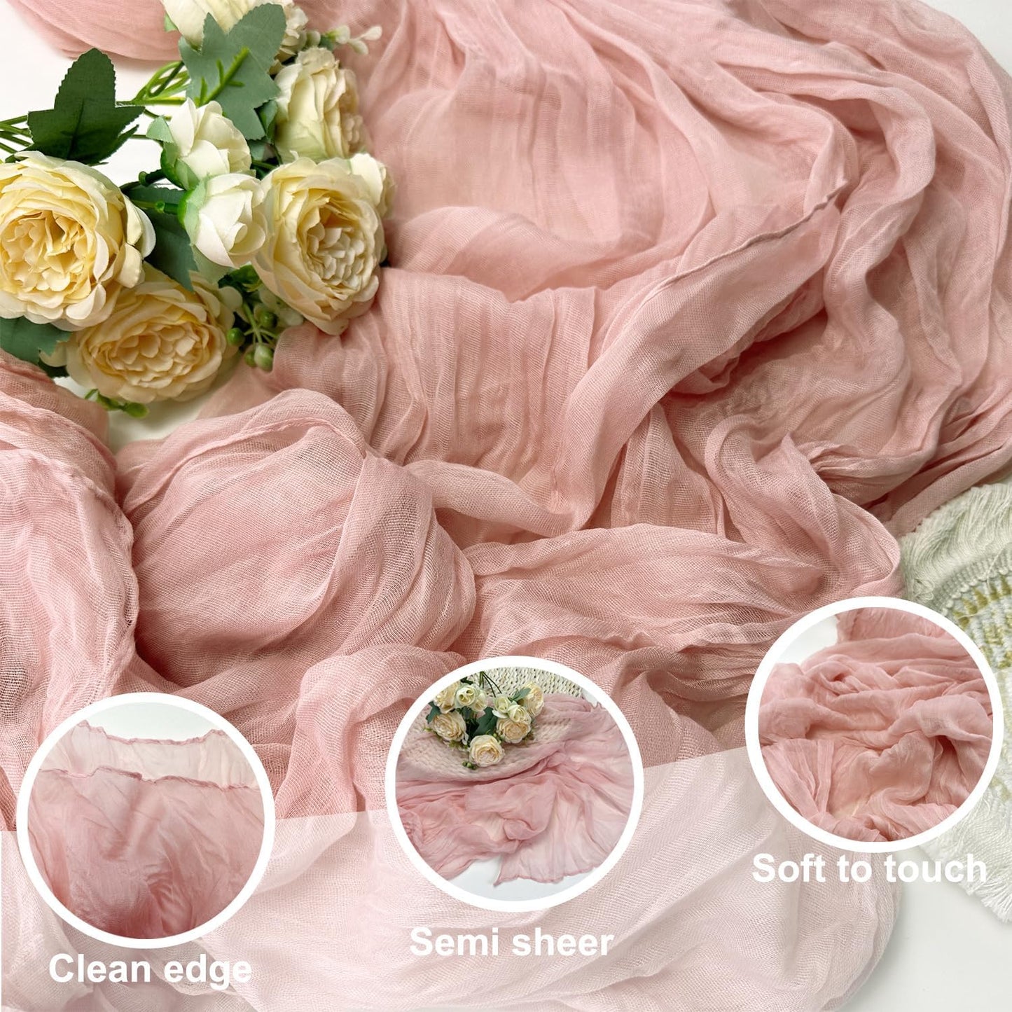 Booque Valley 3 Pack Dusty Pink Cheesecloth Table Runner 10ft Super Soft Boho Wrinkled Gauze Sheer Cloth for Baby Shower Baptism Birthday Party Wedding Centerpiece Table Decoration, 35x120 Inch
