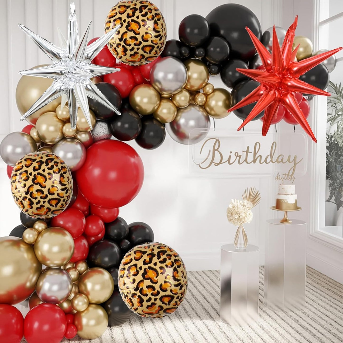 Red Black Gold Balloon Arch Garland Kit Leopard Cheetah Print Party Balloons Black Red Metallic Silver Gold Explosion Star Balloon for Girl Night Bachelorette New Year Casino Birthday Party Decoration