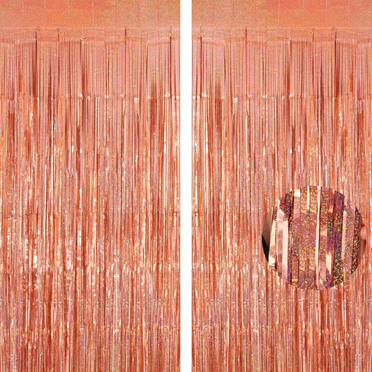 Tinsel Foil Fringe Curtain, 2 Pack Metallic Tinsel Curtain Backdrop for Party Decorations, Large Glitter Streamer Backdrop for Birthday Wedding Christmas Photo Booth (Rose Gold)