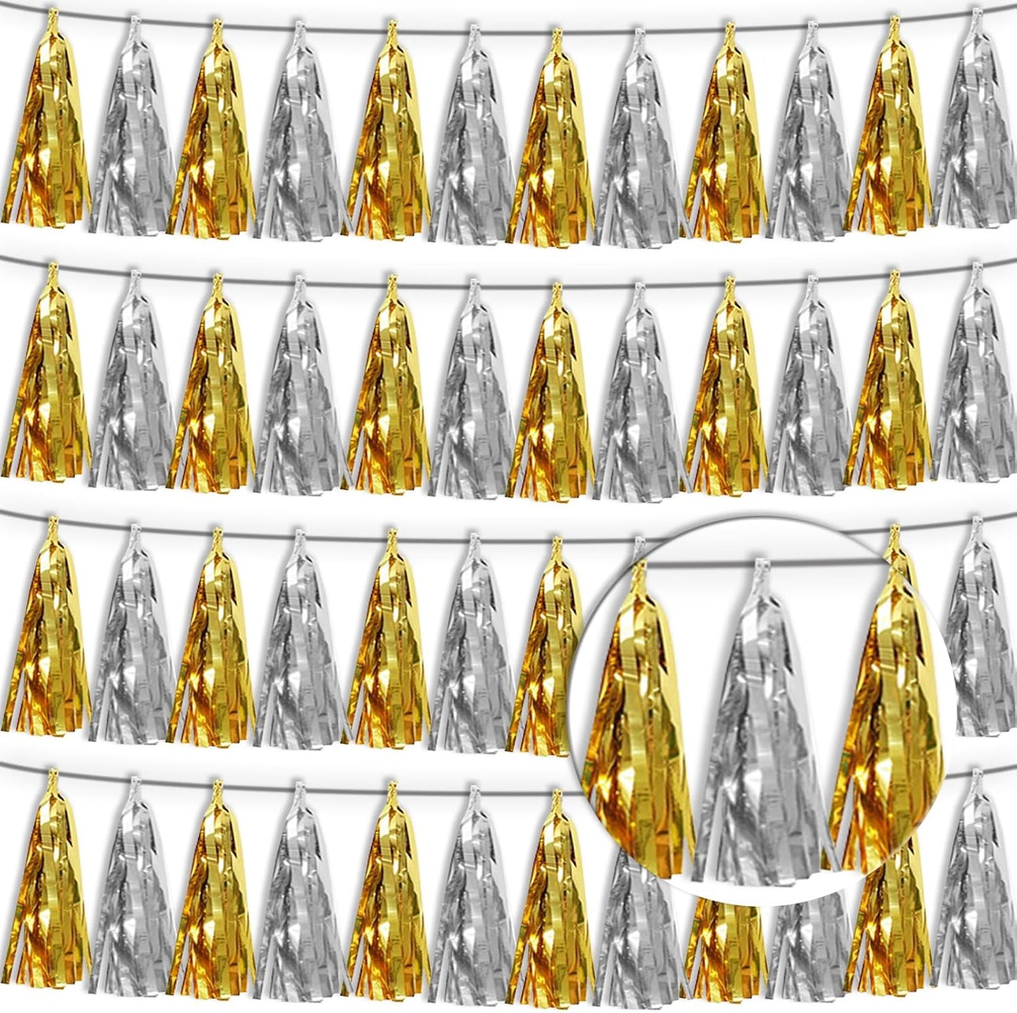 4P Gold Silver Tassel Banner Garland Metallic Foil Fringe Banner Tinsel Tassels Streamer Banner Backdrop for Parade Floats, Graduation Decorations, Father' Day, Halloween, Christmas Decorations