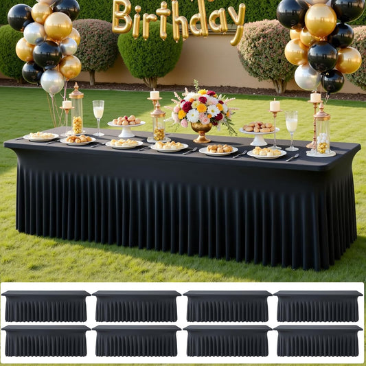 8 pk Black Spandex Tablecloth 8ft with Ruffled Skirt,Wrinkle Free High Stretch Fitted Tablecloths for 8 Foot Rectangle Tables,Pleated Elastic Spandex Table Covers 6ft for Parties Wedding Banquet