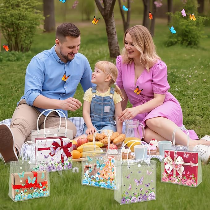 H1vojoxo Spring Butterfly Gift Bags - 24PCS Spring Butterfly Clear PVC Gift Bags with Handle Bulk 7.9x3.2x7.9 Inches Reusable Goodie Snack Treat Plastic Gift Wrap Tote Bag for Baby Shower Wedding