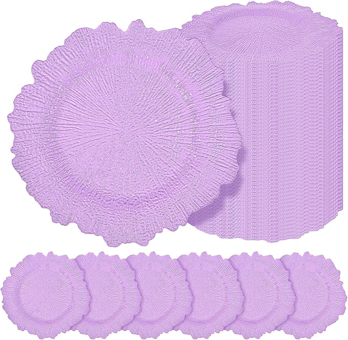 50 Pcs Lavender Charger Plates Bulk 13 Inch Plastic Charger Plates for Dinner Plate, Lavender Chargers for Table Setting, Reef Design Plate Floral Decorative Round Chargers for Wedding Party, Event