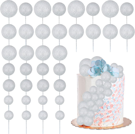 30Pcs Balls Cake Topper Glitter Foam Ball Cake Picks Mini Balloon Cupcake Insert Bubble Balls DIY Decoration for Baby Shower Wedding Anniversary Kids Birthday Graduation Party Cake Decorations Silver