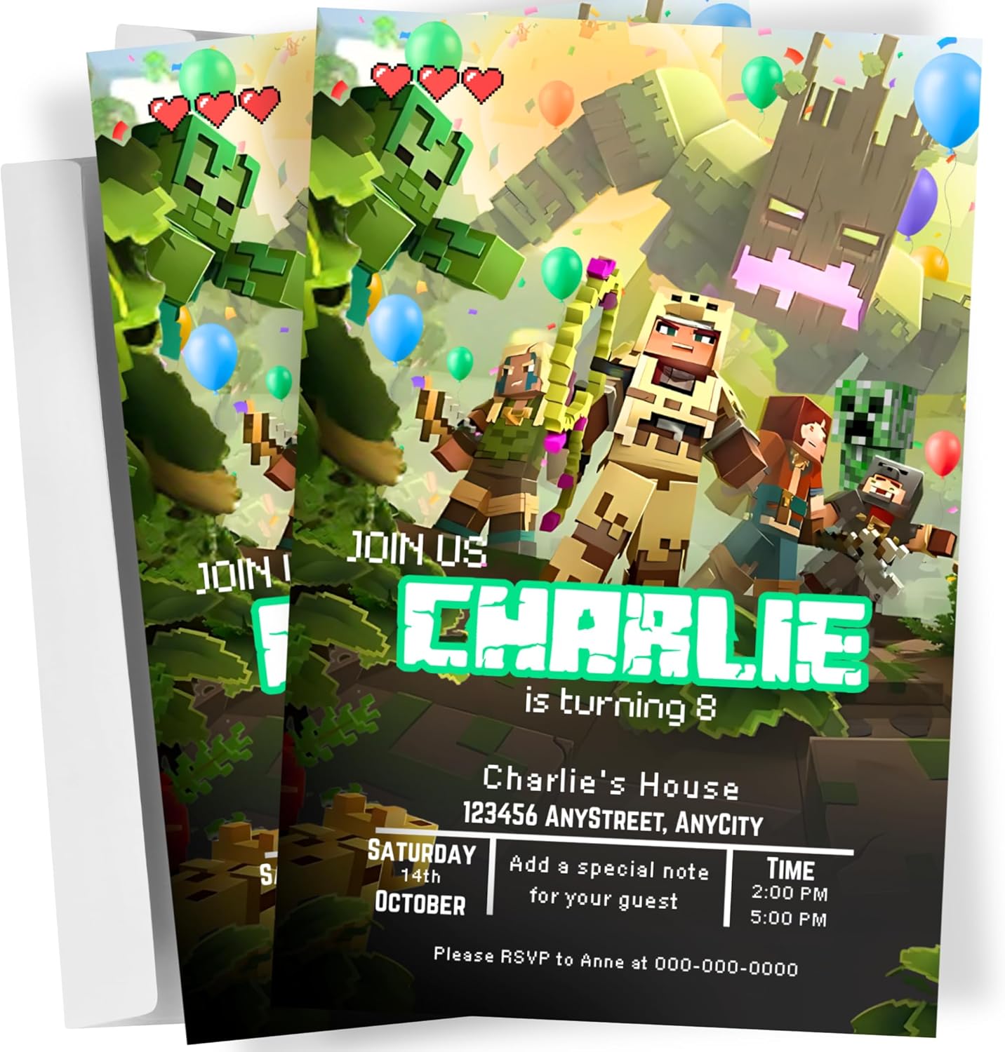 Fully Customizable minecraft Birthday Party Invitations, 4 x 6 inches, with Self-Sealing Envelopes, Gaming Theme Design, minecraft Birthday Invitations for Boys and Girls (Minecraft/Jungle)