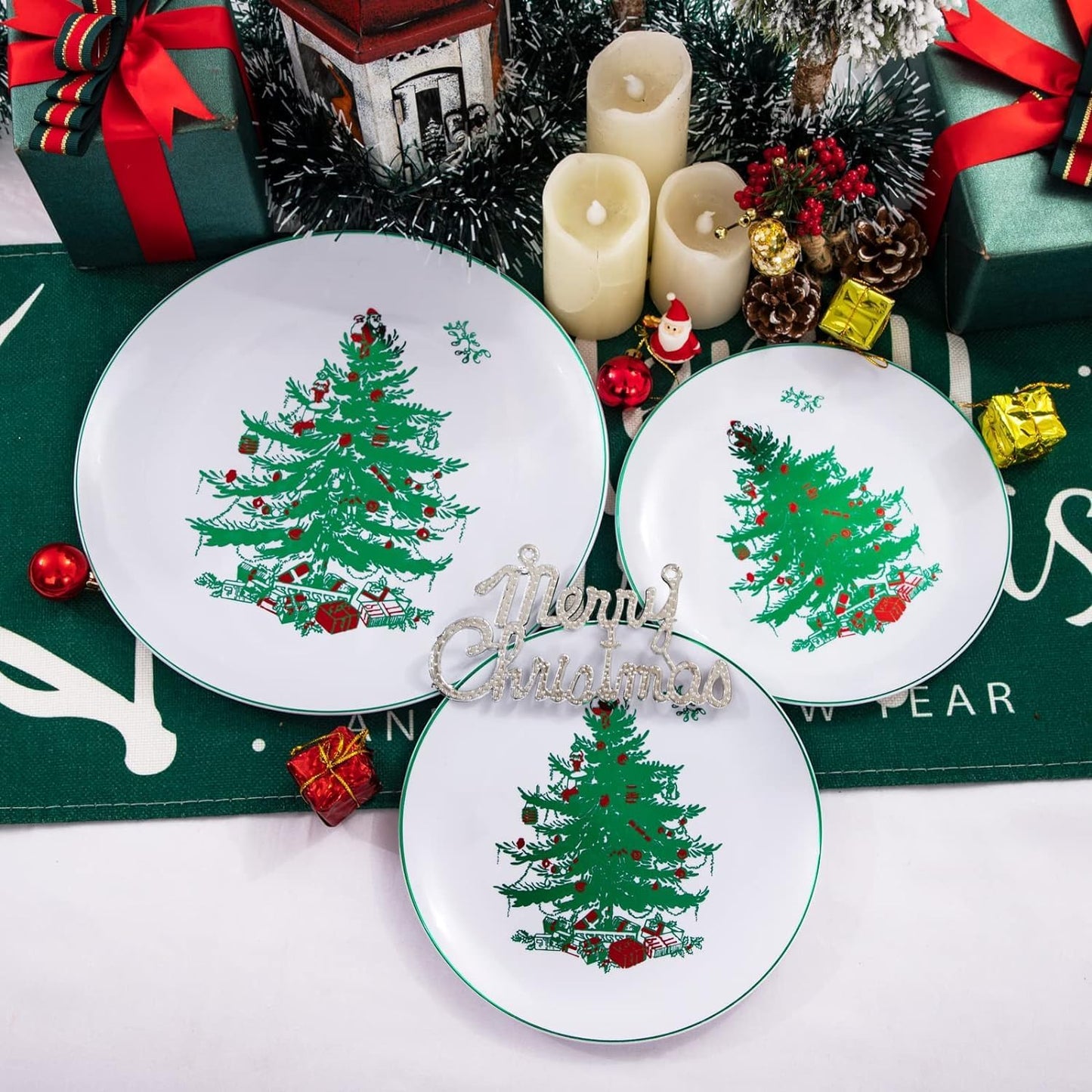 Rubtlamp 60PCS Christmas Plastic Plates, White Disposable Plates with Green christmas Tree, Fancy christmas Party Plastic Plate Include 30 Dinner Platos, 30 Dessert Platos for Parties