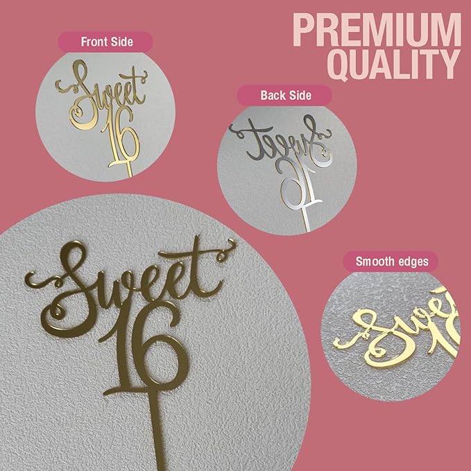 Shiny Acrylic Happy Sweet 16 Birthday Cake Topper, 7.5" x 6", Cheer to 16th Birthday Party Cake Decoration (Gold)