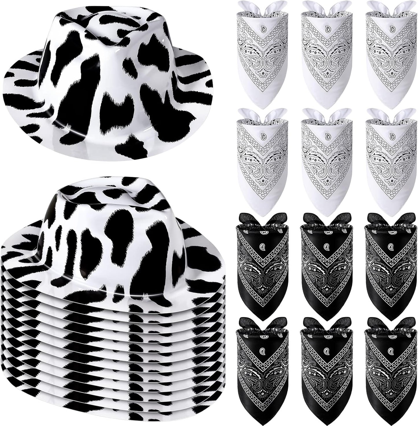 Haysandy 24 Pcs Cow Print Cowgirl Cowboy Hats Bulk with Bandana Felt Cow Party Hats for Women Men Western Costume Party (Black)