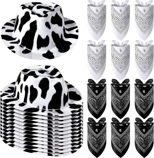 Haysandy 24 Pcs Cow Print Cowgirl Cowboy Hats Bulk with Bandana Felt Cow Party Hats for Women Men Western Costume Party (Black)