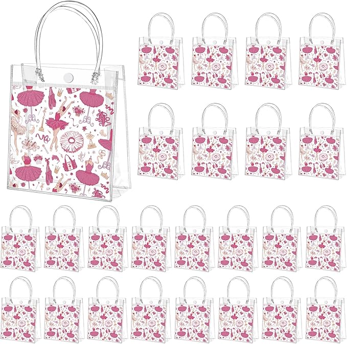 Tioncy 24 Pcs Dance Gift Bags Bulk Dance Bag Ballerina Party Favors Ballerina Party Supplies with Handles Clear PVC Candy Goodie Snack Ballet Birthday Boxes