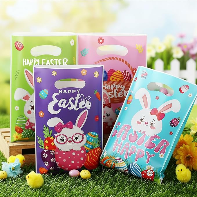 Easter Gift Bags with Handles, 100Pcs Colorful Bunny Treat Bags Bulk, Plastic Goody Candy Cookie Snack Tote Gift Bag for Happy Easters Egg Hunt Activity Spring Holidays Party Favor Supplies Decorations