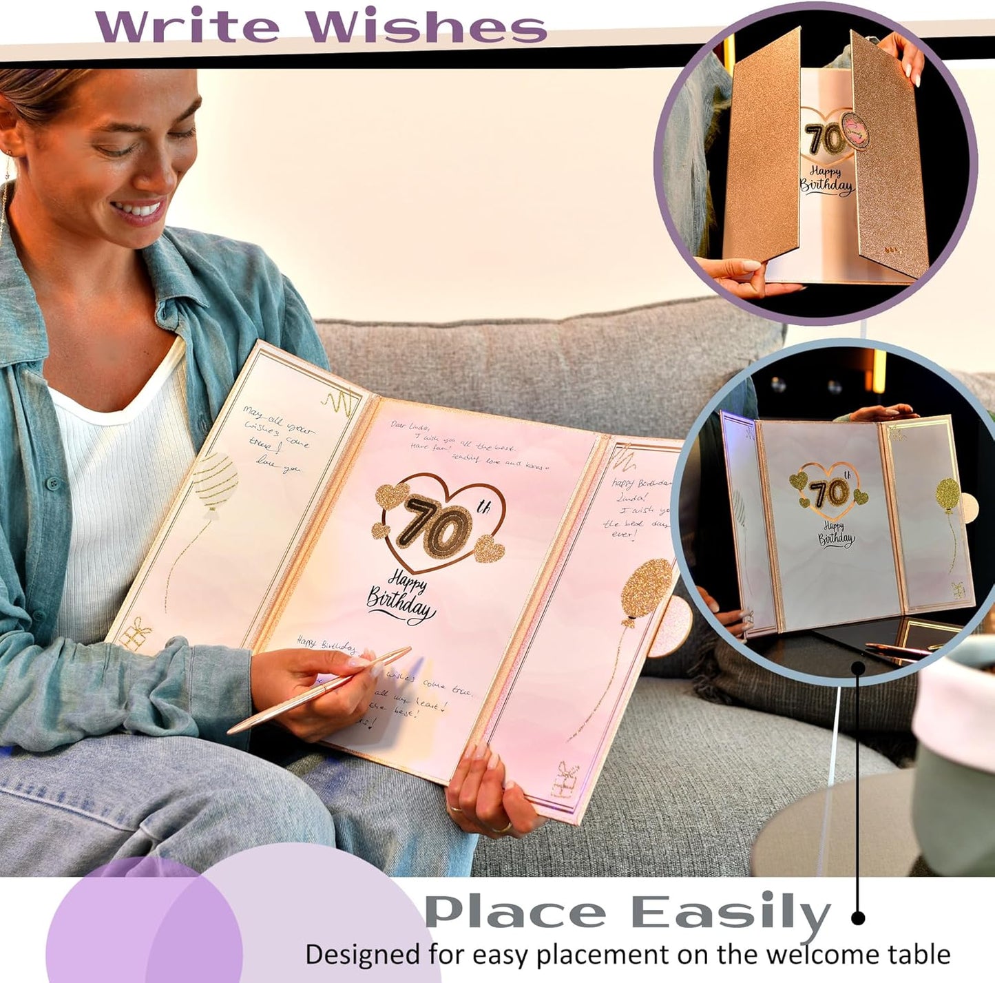 Rose Gold 70th Guestbook Happy Birthday Decorations for Women - Expands from 9x12 to 18x12 inches - Elegant Foil & Gold Print - 70 Guest Book Party Gifts, Keepsake Signature Book - Pen Not Included