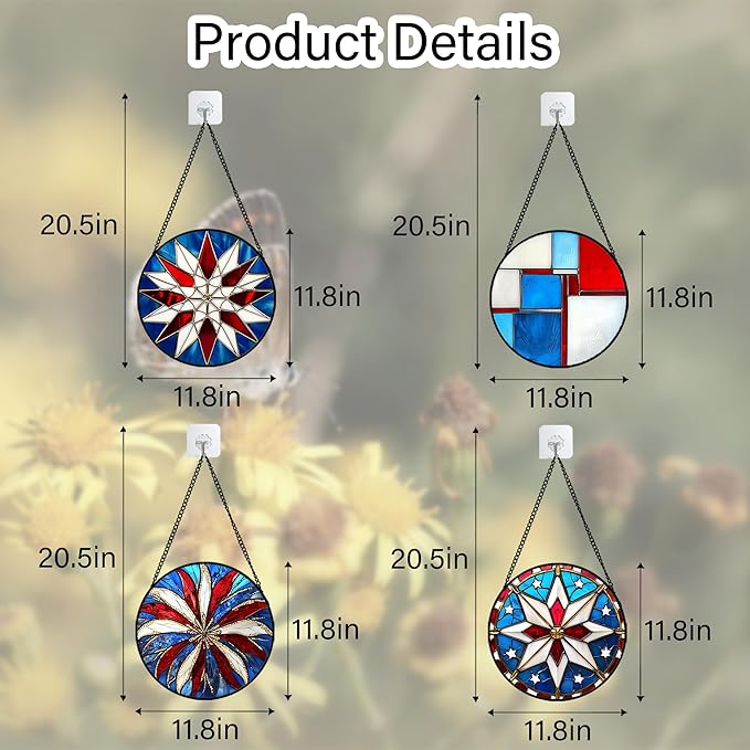 Stained Glass Window Hanging 4 Pcs Set Abstract Flowers In Red White Blue Large 11.8" - Suncatcher Door Garden Sun Catcher Decor Birthday Mother's Day Xmas Gift for Mom Woman Nana Men Parents