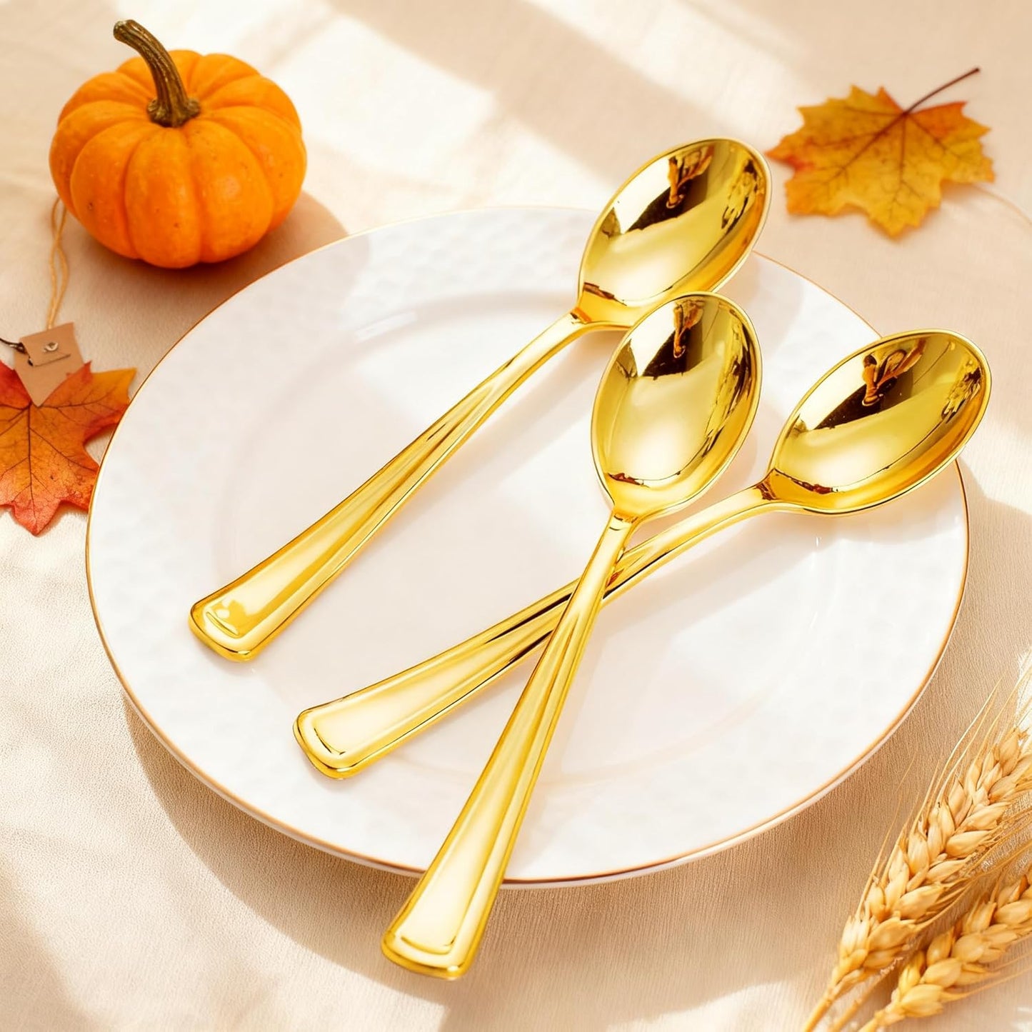 WDF 100 Pack Gold Plastic Spoons Disposable - Durable Heavy Duty 6.9 Inch Gold Spoons, Heat Resistant Modern Disposable Spoons Perfect for Thanksgiving Parties, Wedding, Banquets