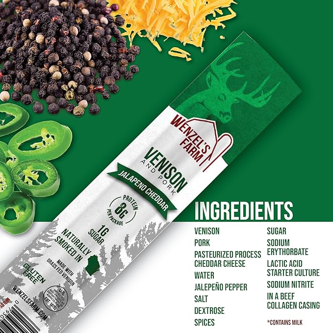 Wenzel’s Farm Jalapeno Cheddar Venison Snack Sticks 8 Pack | Supports Active Lifestyles │ High Protein, Low Carb │ No MSG, Fillers, Binders, Artificial Colors │ Gluten Free