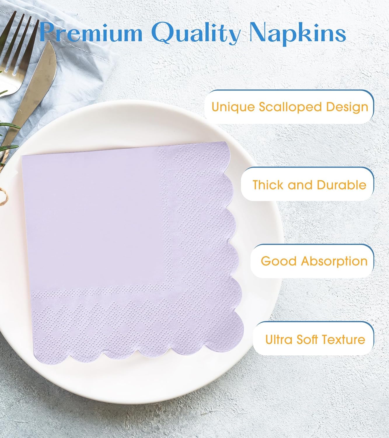 100 Pack Cocktail Napkins, 3-Ply Scalloped Edged Wedding Napkins Folded 5 x 5 Inches Dessert Napkins, Disposable Napkins for Dinner Birthday Party Bridal Anniversary Baby Shower Reception (Purple)