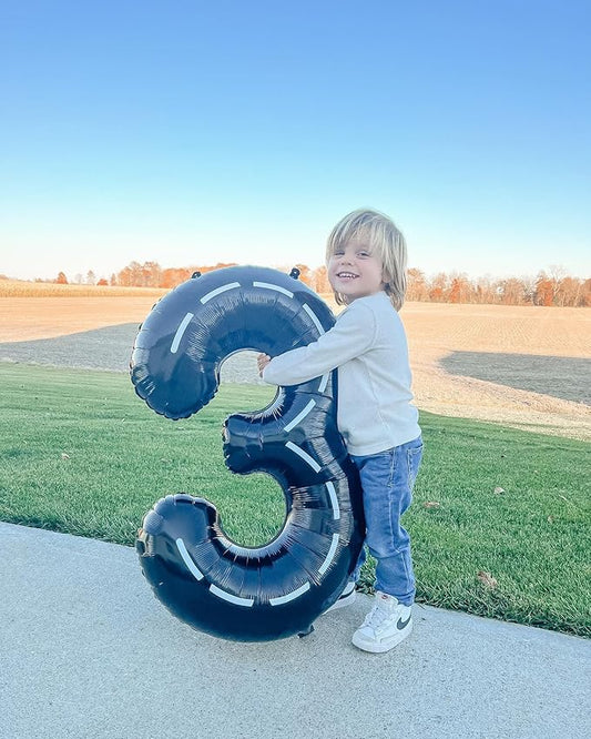 Race Car 3 Balloon, Number Balloons 40 Inch, 3rd Black Birthday Decorations for Kids Boys, Racing Birthday Decorations, Number 3 Balloon