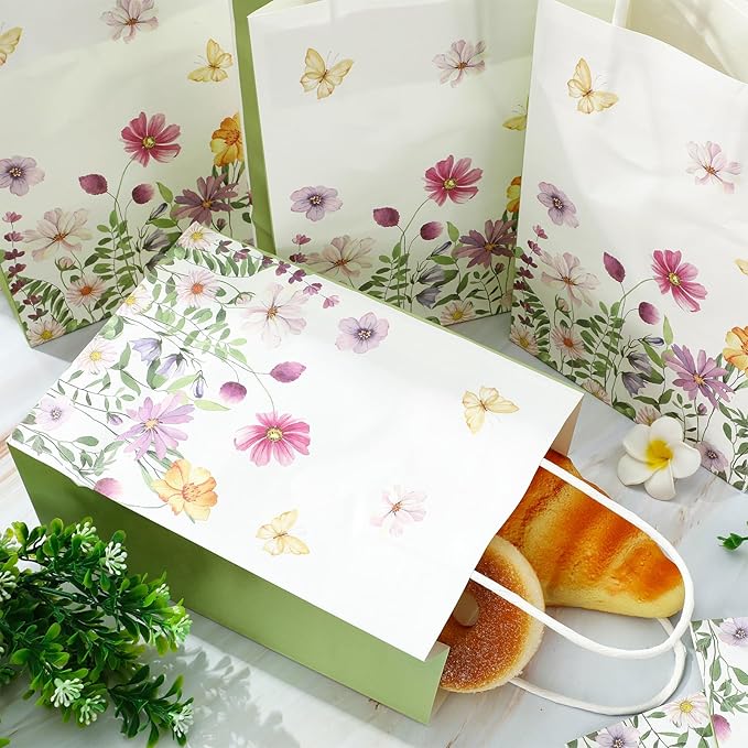 24Pcs Green Wildflower Paper Gift Bags Watercolor Wild Floral Party Favor Bags with Handles Decorative Goodie Candy Treat Bags for Spring Wedding Baby Shower Birthday Party Supplies