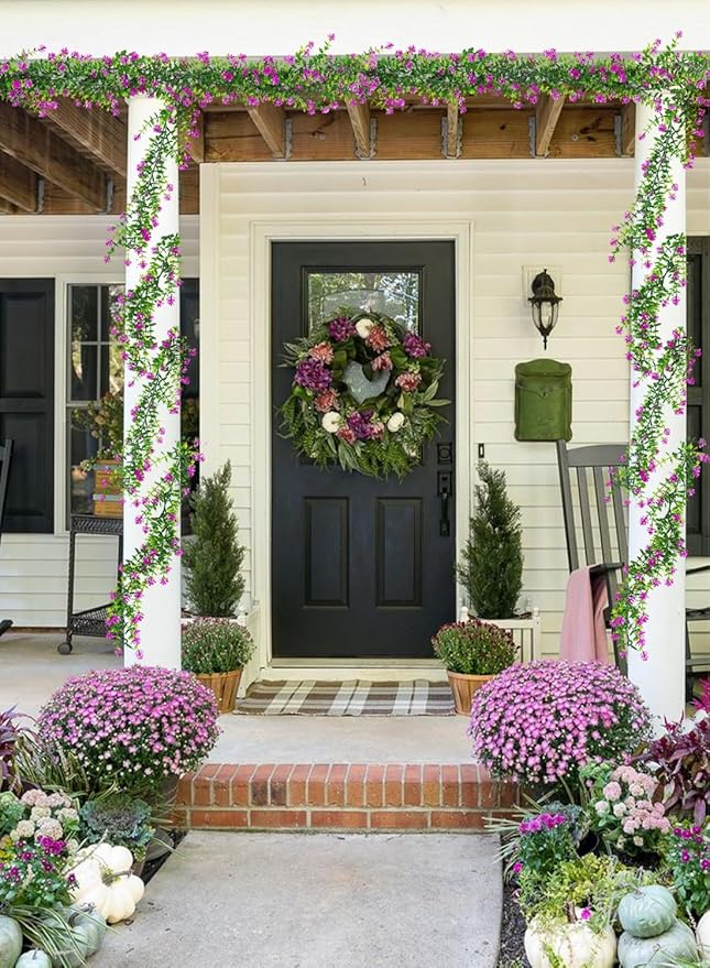 Hanging Garland Plants Artificial Flowers Fake Eucalyptus Greenery Garlands Leaf Garland with Flowers Hanging Faux Vine Plants for Spring Wedding Arch Backdrop Home Wall Party Decor 3 Pcs (Fuchsia)