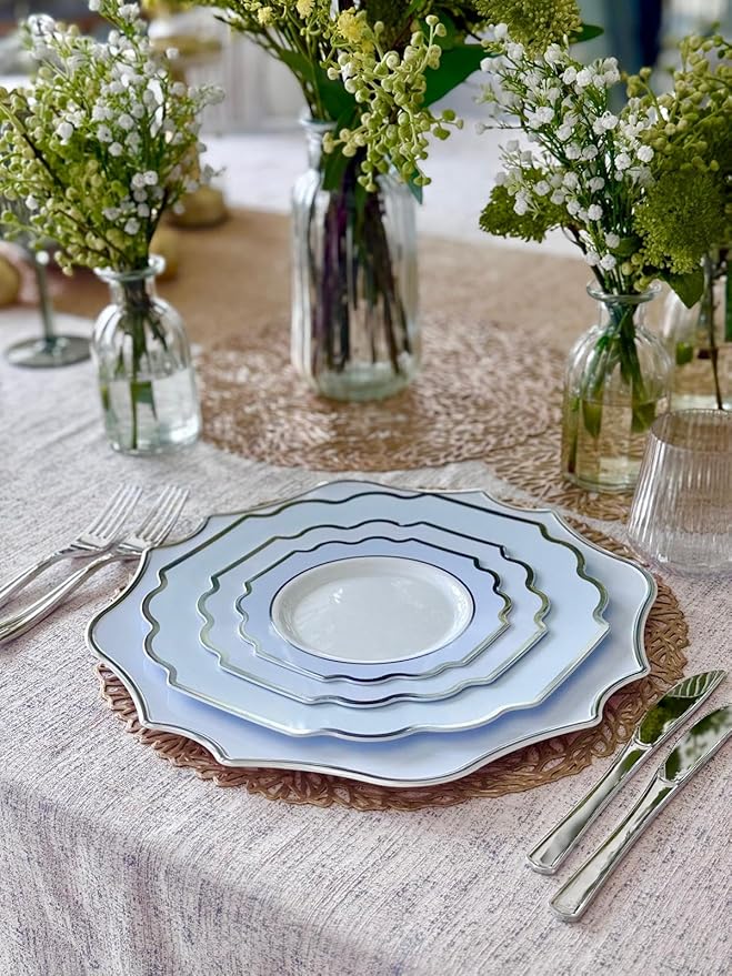 " OCCASIONS " 40 Pieces 13.25'' Scalloped Disposable/Reusable Plastic Charger Plates for Wedding, (Scalloped Imperial Blue & Silver)