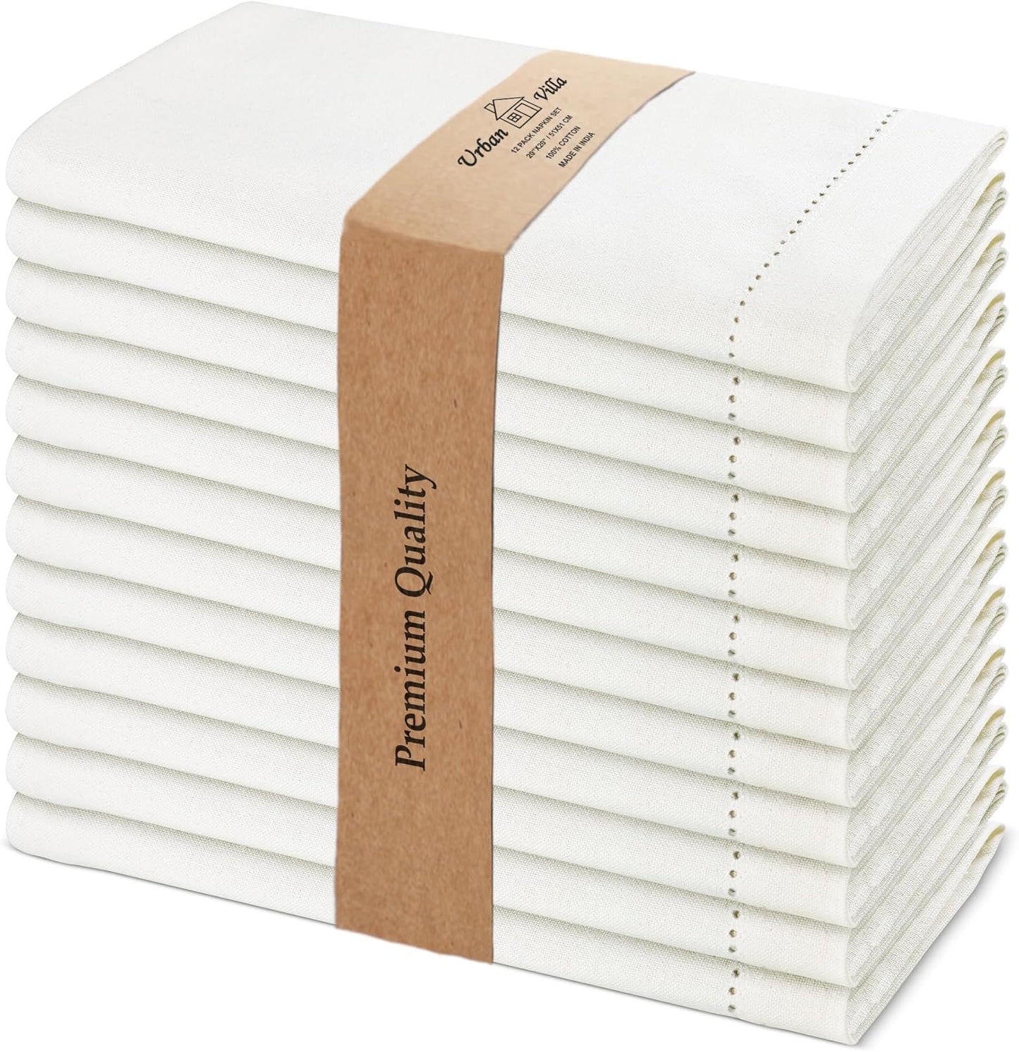 Urban Villa Fall Cloth Napkins Hemstitch Solid Ivory 100% Cotton Absorbent Dinner Napkins (Set of 12) 20x20 Inches Soft Durable Washable Reusable Ideal for Everyday Use Wedding Parties Cloth Napkins