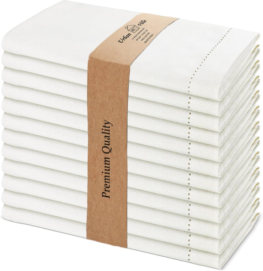 Urban Villa Fall Cloth Napkins Hemstitch Solid Ivory 100% Cotton Absorbent Dinner Napkins (Set of 12) 20x20 Inches Soft Durable Washable Reusable Ideal for Everyday Use Wedding Parties Cloth Napkins