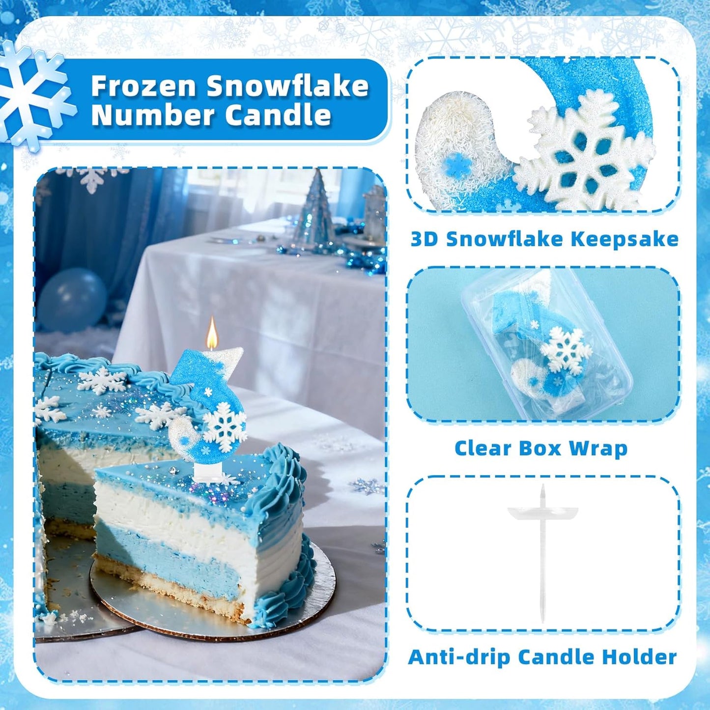 Frozen Birthday Party Decorations, Number 3 Birthday Candle, Frozen Birthday Party Favors, Happy Birthday Candle for Cake, Blue Snowflake Cake Topper Decoration for 3rd 3 Year Old Party Favor Supplies