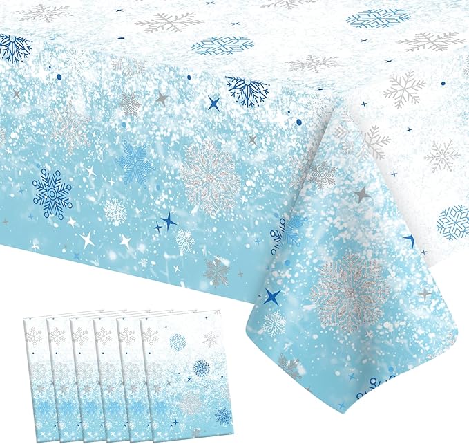 6 PCS Blue Plastic Snowflake Tablecloth(54x108 Inch) Frozen Birthday Winter Wonderland Decorations Disposable Table Cover Tablecloths for Christmas Holiday New Year Party Favors Supplies Decor