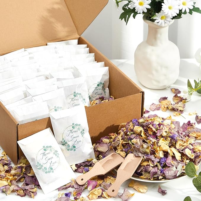 330g Biodegradable Flower Petals 100 Pcs Wedding Confetti Bags Real Dried Flowers Petals Jasmine, Lavender & Rose Mix Petal for Flower Girls to Throw Wedding Decor & Send off Ideas