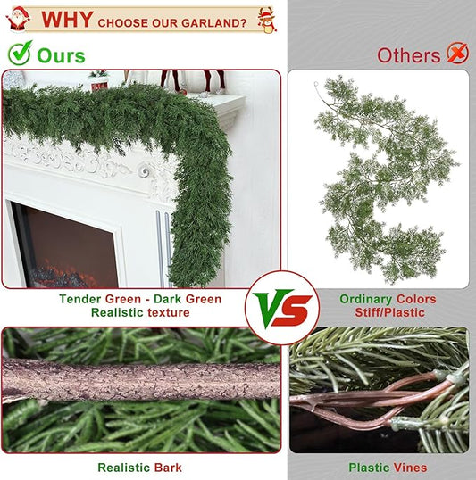 16 Ft Christmas Garland Soft Bendable Realistic Artificial Cedar Pine Green Xmas Mantle Garland for Staircase with Gift box Garlands for Decoration Christmas fireplace porch Table Home Room Yard Decor
