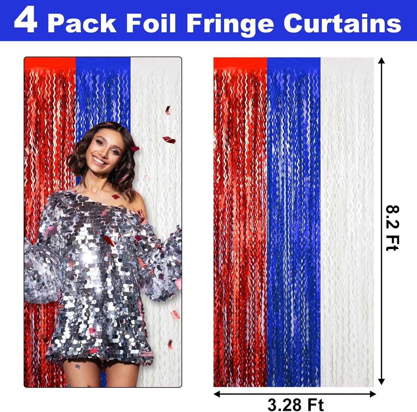 4 Pack White Blue Red Fringe Curtain Backdrop 3.2Ft x 8.2Ft Metallic Tinsel Foil Fringe Streamers Background for Photo Booth Mother's Day, Easter, Carnival, Birthday, Wedding Party Decoration
