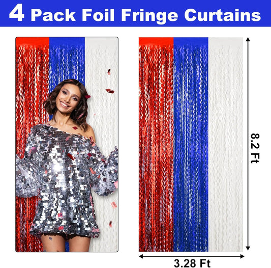 4 Pack White Blue Red Fringe Curtain Backdrop 3.2Ft x 8.2Ft Metallic Tinsel Foil Fringe Streamers Background for Photo Booth Mother's Day, Easter, Carnival, Birthday, Wedding Party Decoration