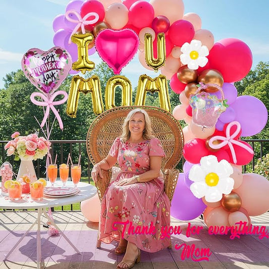 Mothers day Balloon Garland Kit Hot Pink and Rose gold Rustic Elegant Party Decorations with Foil Heart Letters Floral Basket Daisy Balloons for Indoor Outdoor Premium Party Supplies