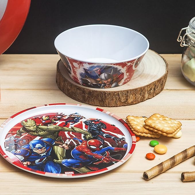 Zak Designs 5-Piece Dinnerware Set, Marvel Universe - Durable Plastic & Stainless Steel - Includes Water Bottle, 8-Inch Plate, 6-Inch Bowl, Fork & Spoon - Suitable for Kids Ages 3+