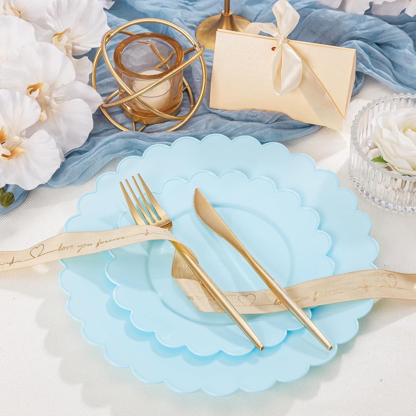 supernal 100pcs Blue Scalloped Plastic Plates-Blue Disposable Plates Heavy Duty-Disposable Plate Set for Party Wedding-Include 50 Plastic Dinner & Dessert Plate Perfect for Thanksgiving,Christmas