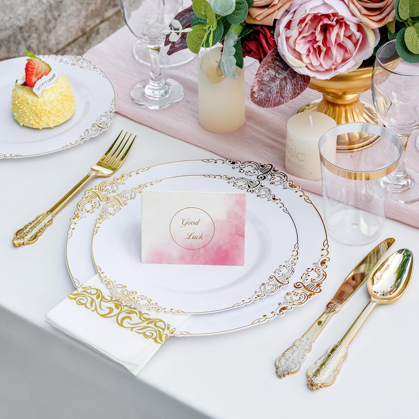 Nervure 350PCS Gold Plastic Dinnerware - White and Gold Disposable Plates for 50 Guests - 100 White Disposable Plates, 150 Plastic Silverware, 50 Cups, 50 Napkins for Wedding & Party & Thanksgiving
