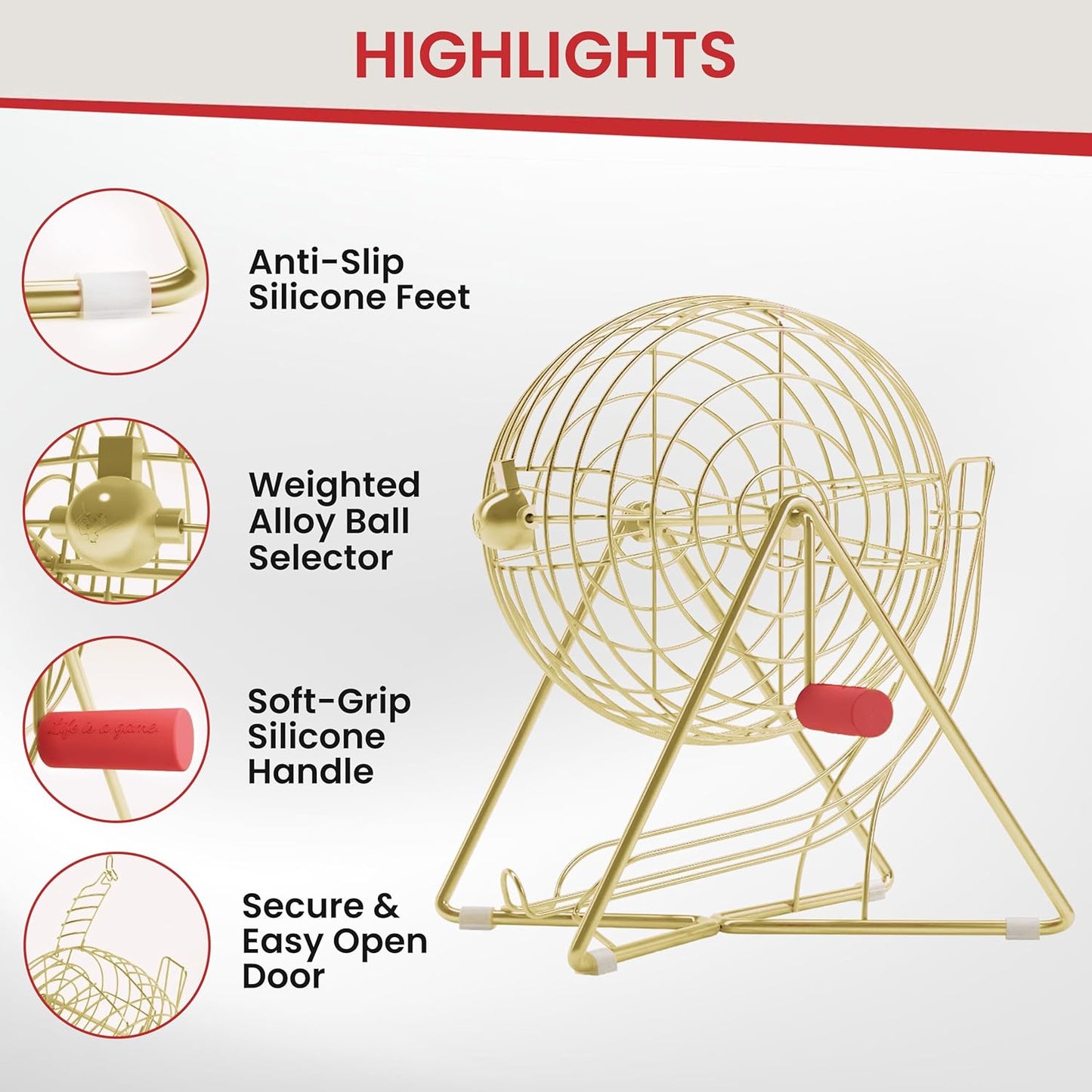 MR CHIPS 11" Tall Bingo Set with Steel Cage Professional Game Everlasting 7/8” Balls, 18 Cards and 300 Chips - Luxury Gold Color