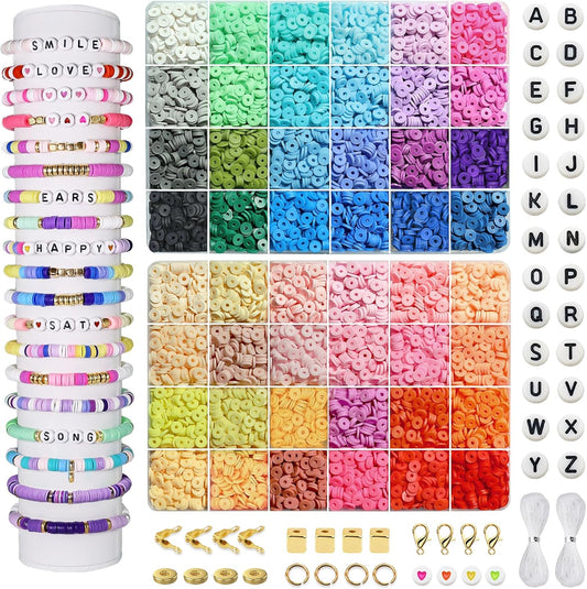 Redtwo 7400 Pcs Clay Beads Bracelet Making Kit for Biginner, 48 Colors for Friendship Jewelry Making Kit, Flat Polymer Heishi Beads with Charms Gifts for Teen Girls Crafts for Girls Ages 8-12