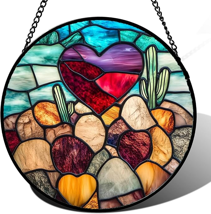 Stained Glass Window Hanging Red Heart-Shaped Stone 6.3" - Suncatcher Door Garden Sun Catcher Home Decor Birthday Anniversary Valentines Day Gifts for Woman Wife Men Her Him Lovers
