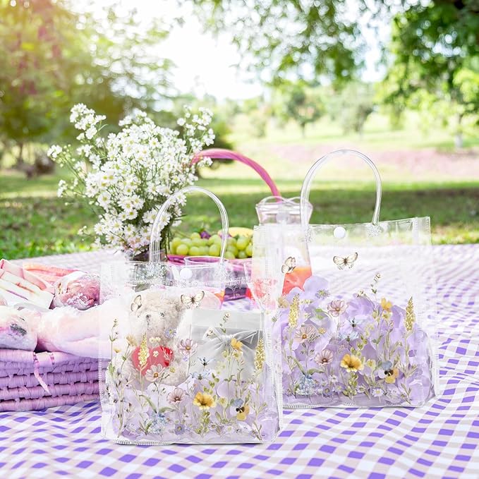Kacctyen 24 Pcs Wildflower Gift Bags Wildflower Theme Clear PVC Bags with Handles Flower Party Favors for Wedding Birthday Baby Shower Party Supplies Return Gift Wrap Totes for Guests