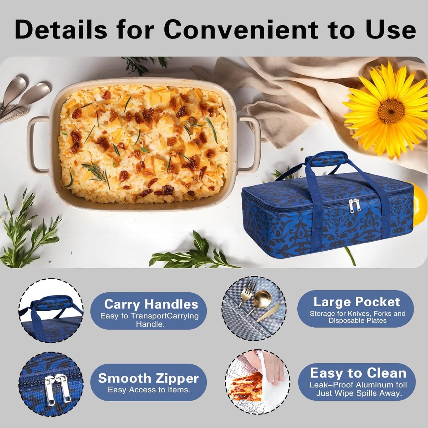 Insulated Casserole Carrier Bag - Portable Reusable Lunch Food Transport Tote Bag Keep Food Hot/Cold Fits 9x13" Lasagna Baking Dish for Gathering/Potluck Parties/Cookout/Camping/Offices-Blue/Black