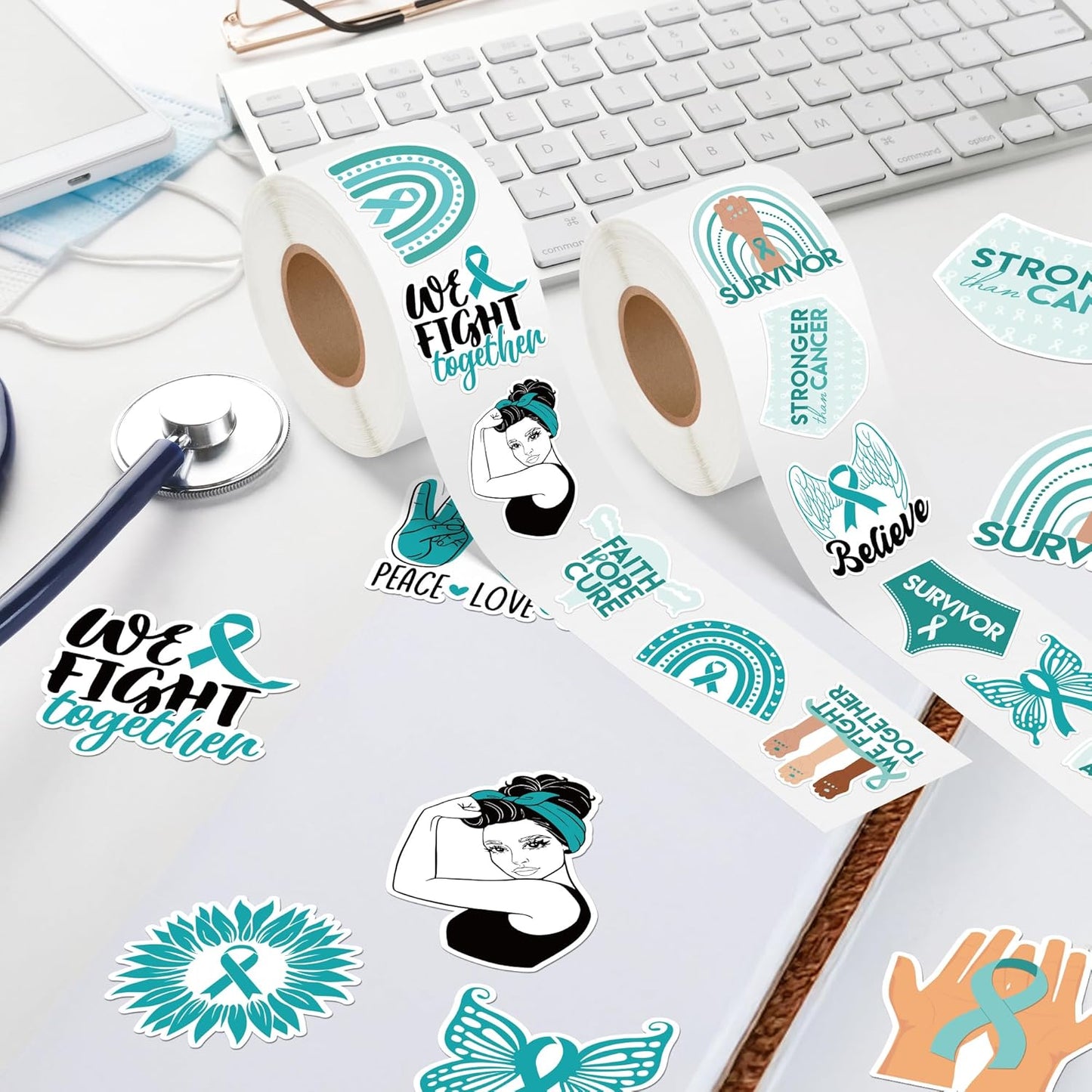 1000pcs Ovarian Cancer Awareness Sticker Rolls (2 Rolls), Teal Ribbon Shaped Sexual Assault Awareness Survivor Stickers Decorative Decals, Self-Adhesive Stickers for Scrapbooks Event Gifts